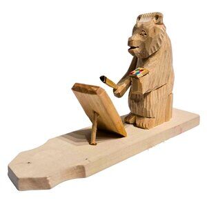 Vintage Russian Wooden Bear Painting Portrait Hand Carved Pull String Toy